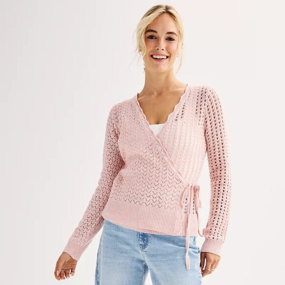 SO Size XL Juniors Light Pink Pointelle Wrap Front Sweater, NEW With Tag - Picture 1 of 16